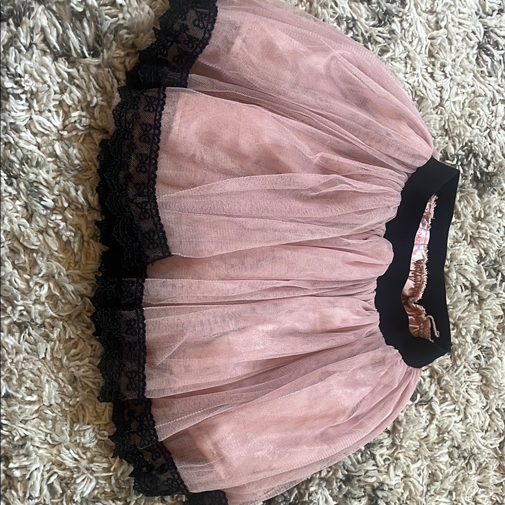 POPATU Pink Tulle Skirt with Black Lace Trim